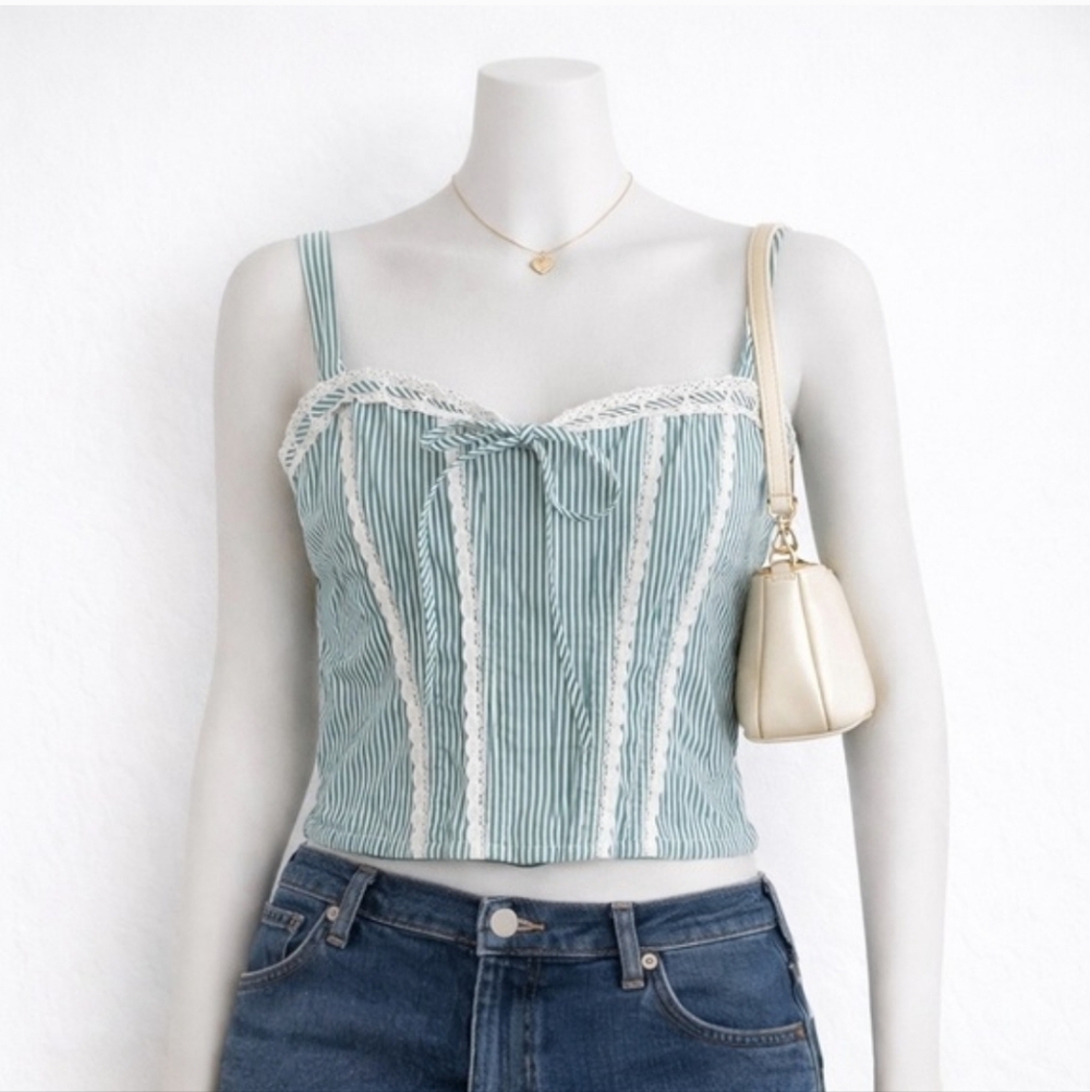 Watermelon Sugar Dana Tank Corset With Crochet Trim‎ Green Stripe